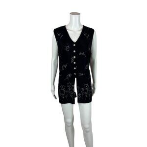 Vintage 90s Floral Vest Women's XL Black & White Rayon Long Waisted Tunic Top Ph
